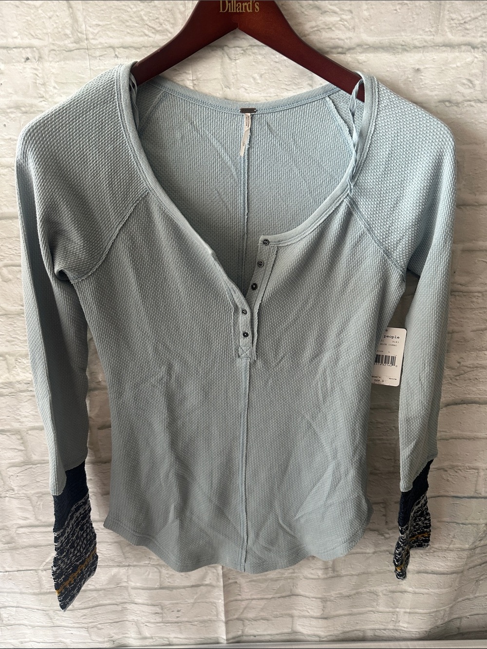 Free People Pale Blue Waffle Henley with Patterned Cuffs